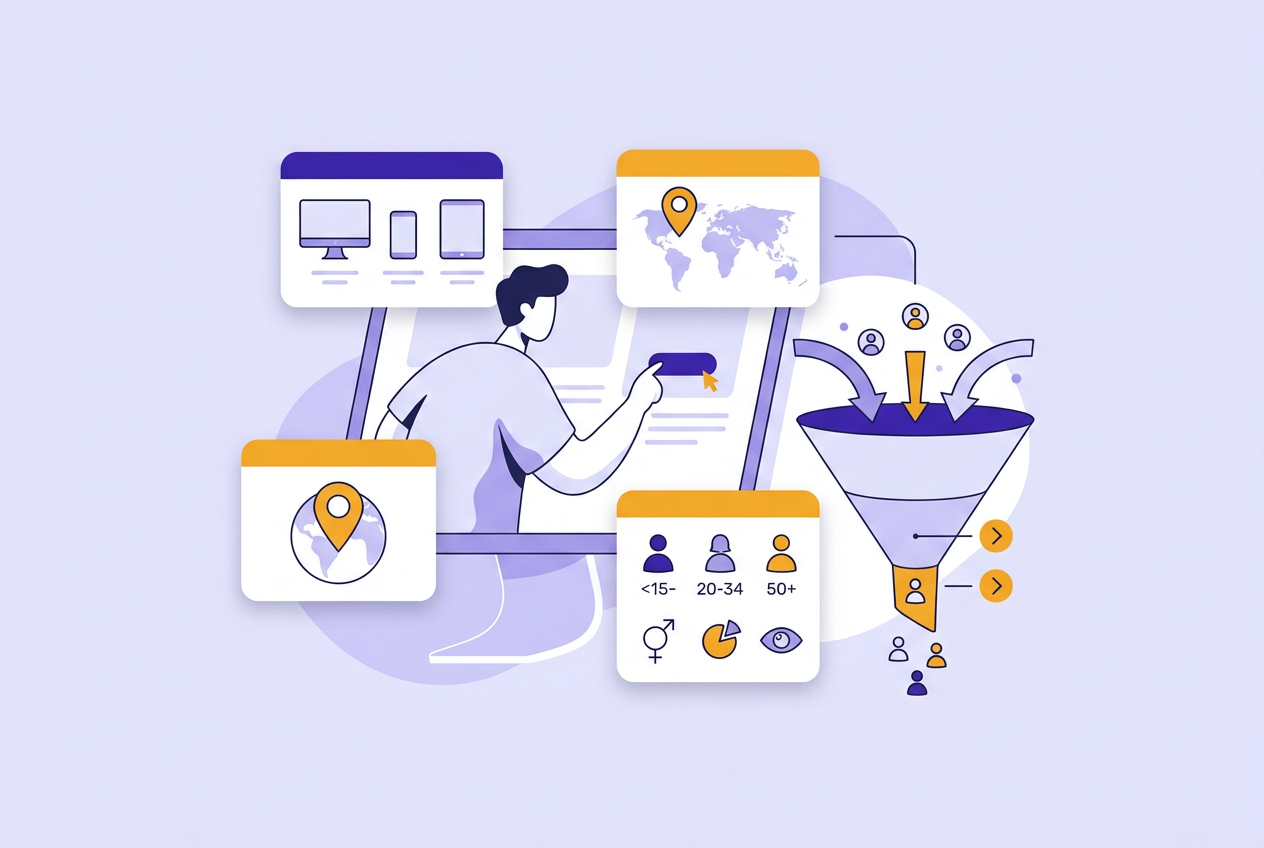 Illustration von Besucher-Erkenntnissen: Endgeräte, Standort, Demografie und Besucher-Funnel