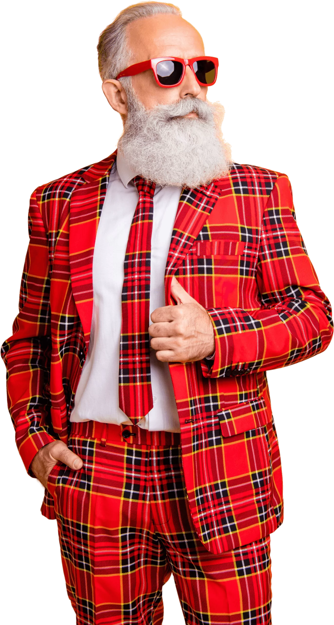 Zu sehen ist ein cooler älterer Herr in einem rot-kariertem Anzug der lässig posiert