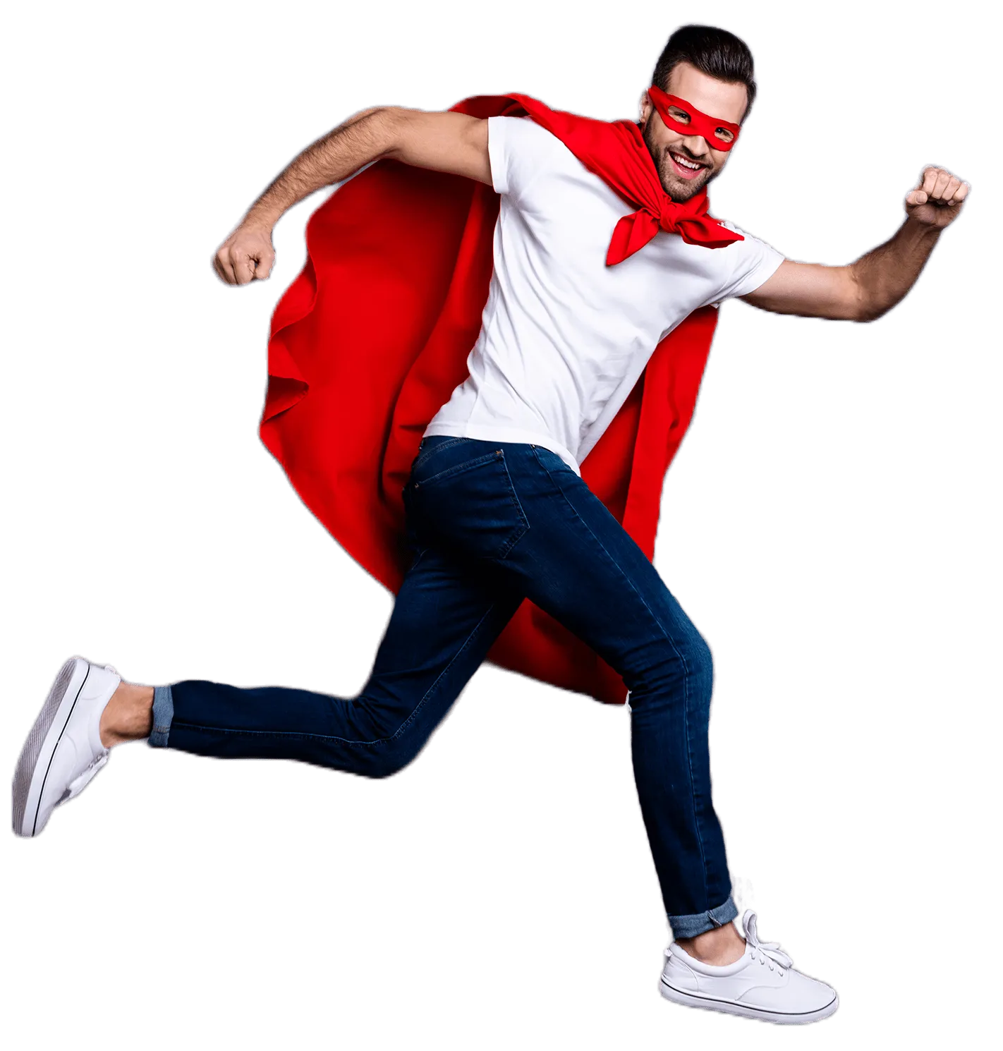 Zu sehen ist ein junger Mann, der ein rotes Cape und eine rote Superhelden-Maske trägt