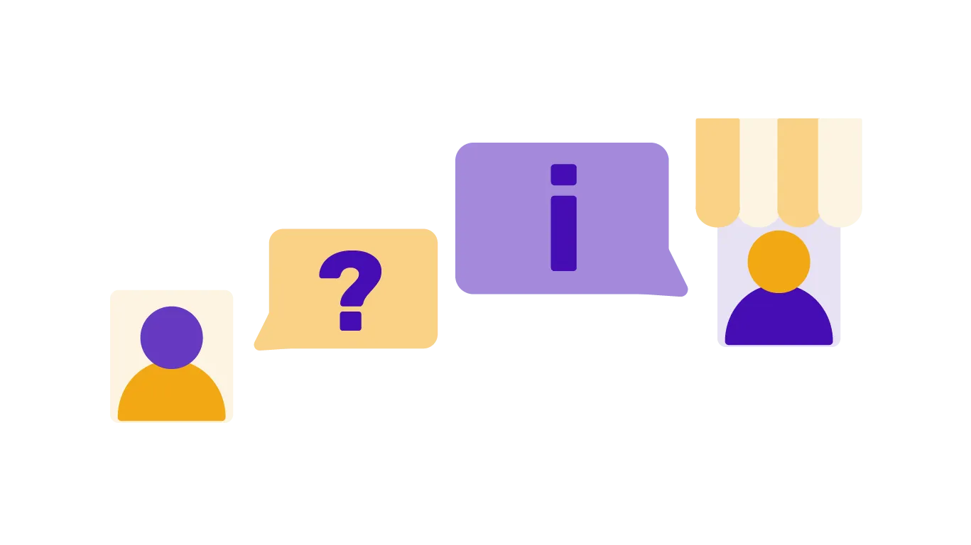 Symbolbild für die regelmäßige Arbeit an dem My Business Profil. Zu sehen ist ein Männchen, ein Fragezeichen in einem Kasten, ein umgedrehtes Ausrufezeichen und ein Männchen mit einem gelben Kreis als Kopf