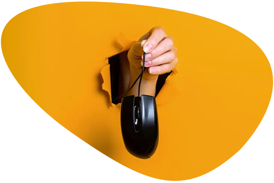 Zu sehen ist eine rechte Hand, die eine PC-Maus hält und durch einen gelben Vordergrund stößt