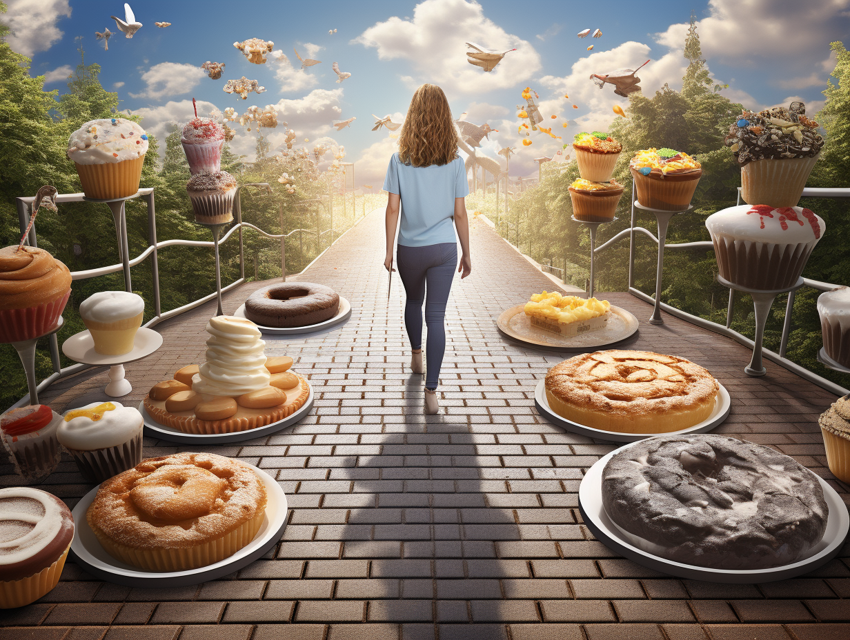 KI-generiertes Bild einer jungen Frau, die auf einem gepflasterten Weg in Richtung Sonnenuntergang geht – umgeben von einer surrealen Welt aus schwebenden Cupcakes, Torten und Süßspeisen auf Podesten.