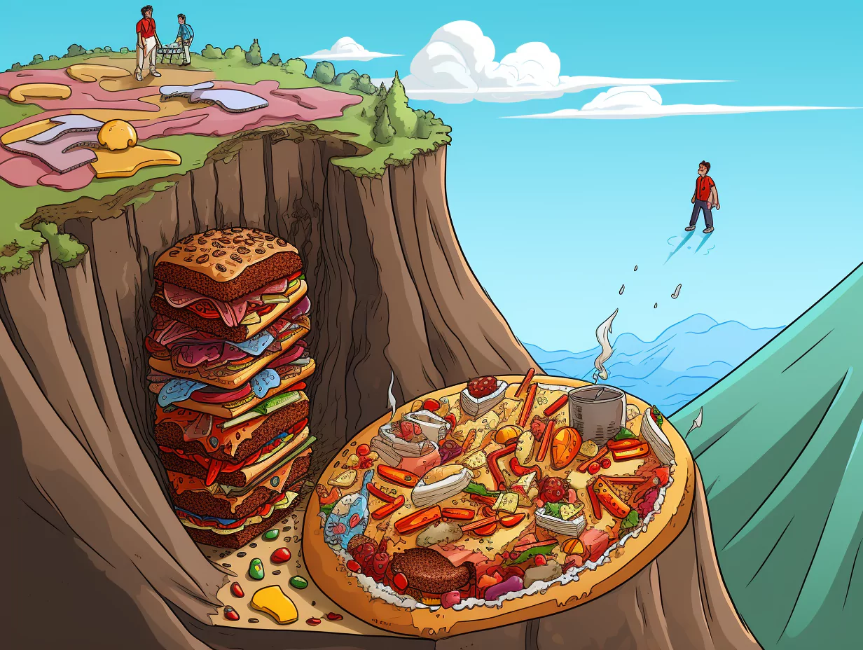Surrealistische Landschaft aus riesigen Sandwiches, einer Pizza-Schlucht und schwebenden Menschen in einer Cartoon-Welt.
