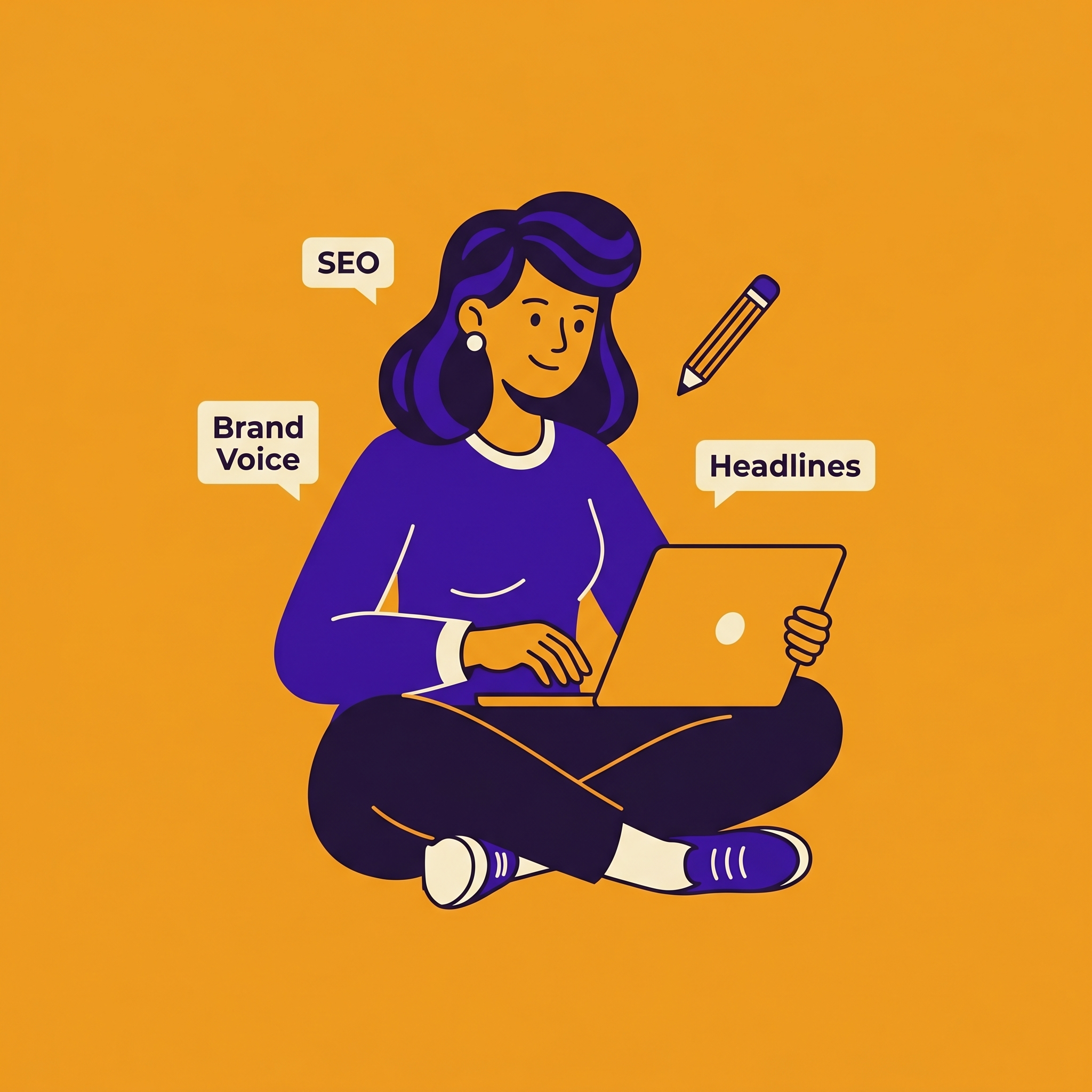 Illustration einer Texterin, die am Laptop Website-Texte schreibt