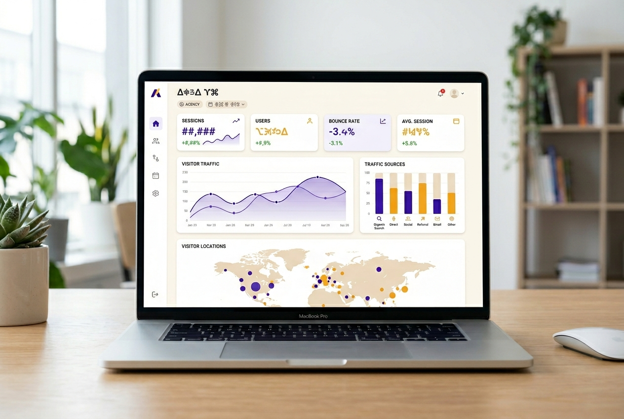 Web-Analyse-Dashboard auf einem Laptop mit Besucher-Charts, Traffic-Quellen und Standort-Karte