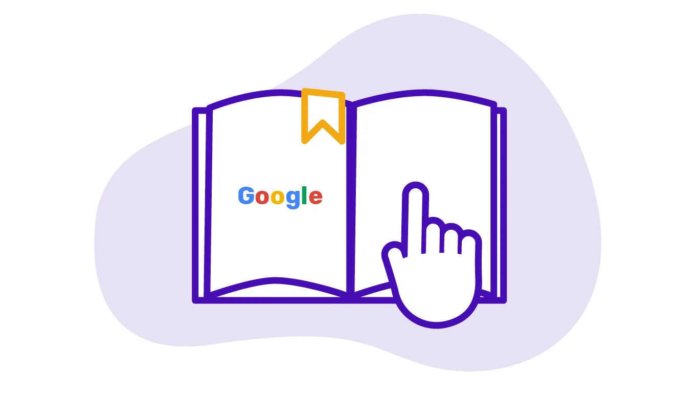 Zu sehen ist ein aufgeschlagenes Buch. Auf der rechten Seite ist der Schriftzug von Google