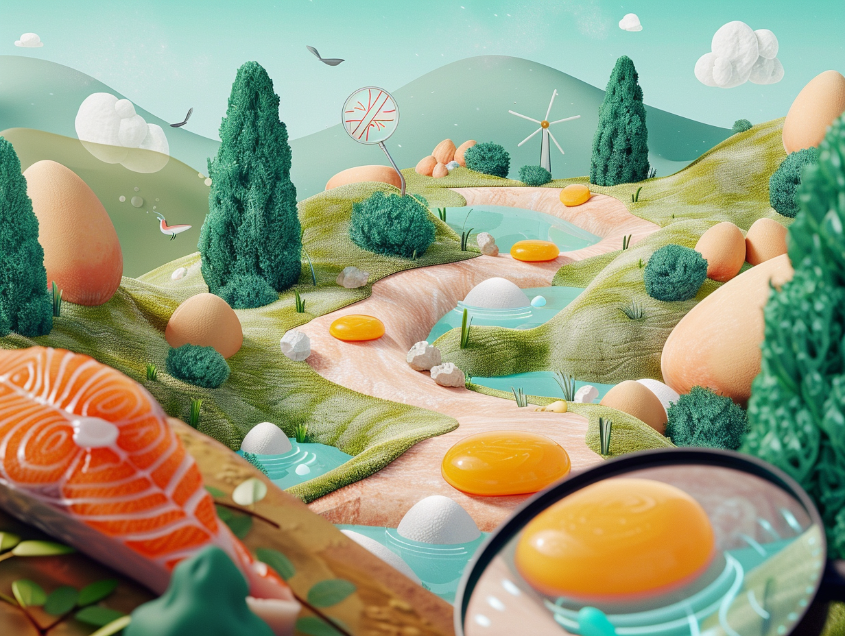 KI-generiertes, surreal wirkendes Landschaftsbild mit lebensmittelartigen Elementen: Grüne Hügel aus Textilstrukturen, Bäume aus Brokkoli-ähnlichen Formen, Flüsse mit Eidottern als Steine, und Berge, die an Eier erinnern. Im Vordergrund liegt ein Stück roher Lachs.