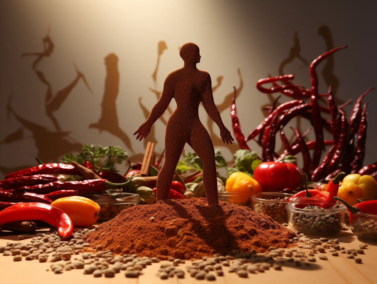 KI-generiertes Bild einer menschlichen Figur aus Gewürzpulver, die auf einem Haufen Paprikapulver steht. Umgeben ist sie von Chilischoten, Gewürzen, Linsen, Kräutern und Gemüse.