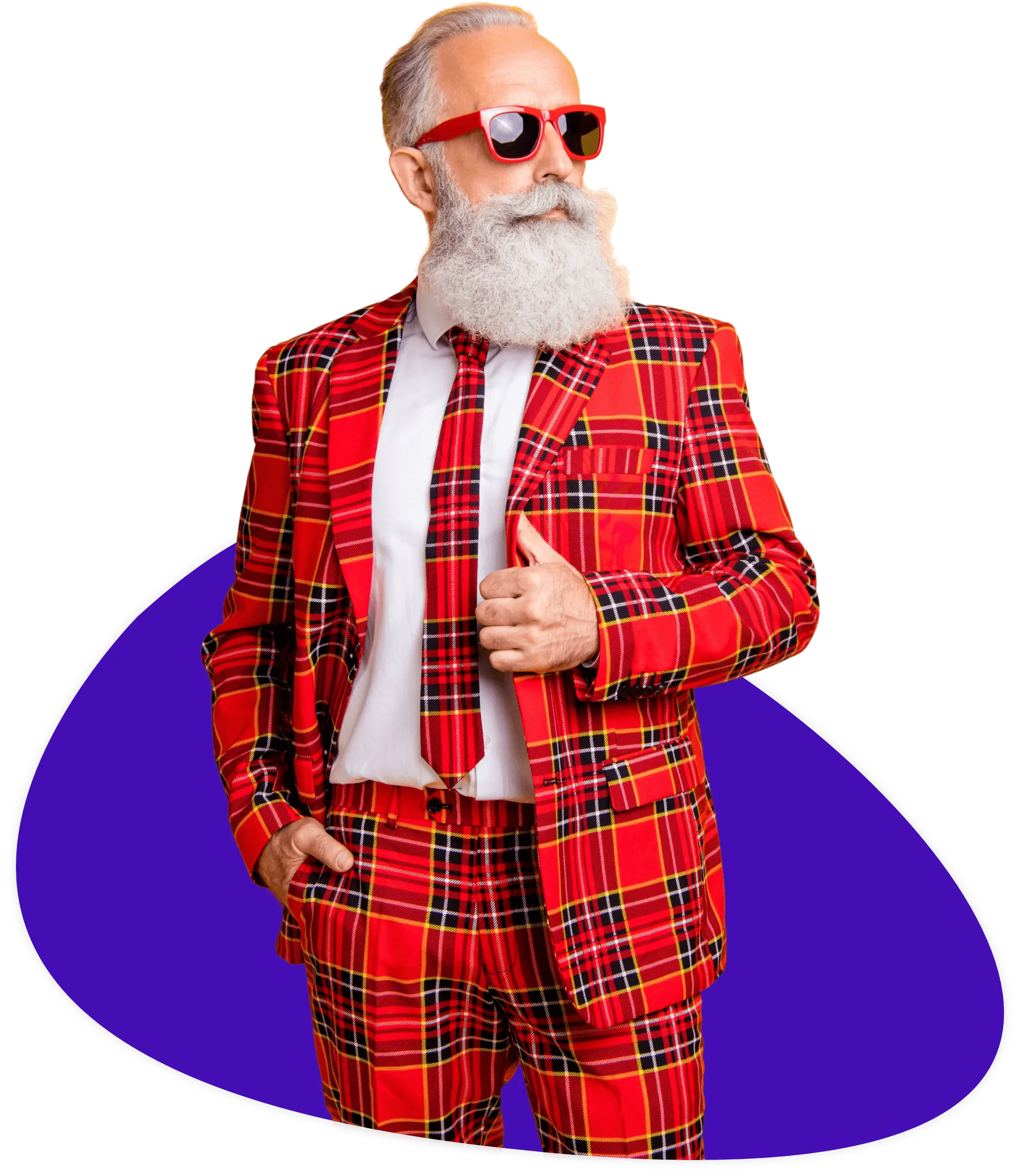 Ein älterer Herr mit Bart und Sonnenbrille zeigt den Daumen nach oben. Er steht in einer lila Blase