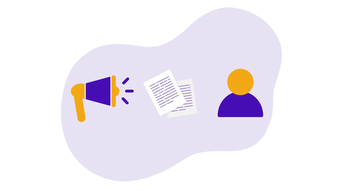 Zu sehen ist ein Megafon, ein paar Texte und eine Figur als SEO-Texter