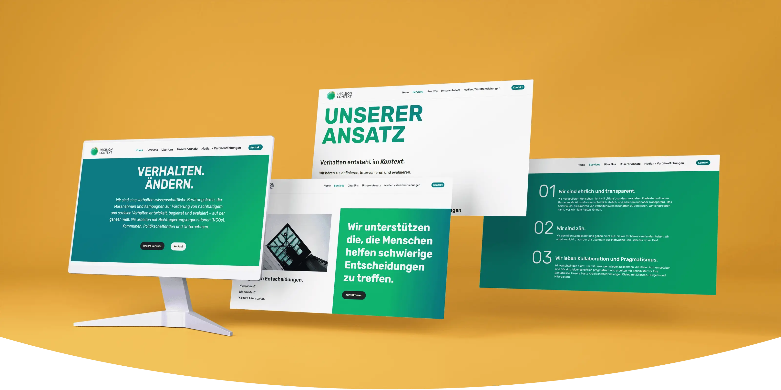 Zu sehen ist ein Ausschnitt von unterschiedlichen Seiten der von uns erstellten Website für Decision Context