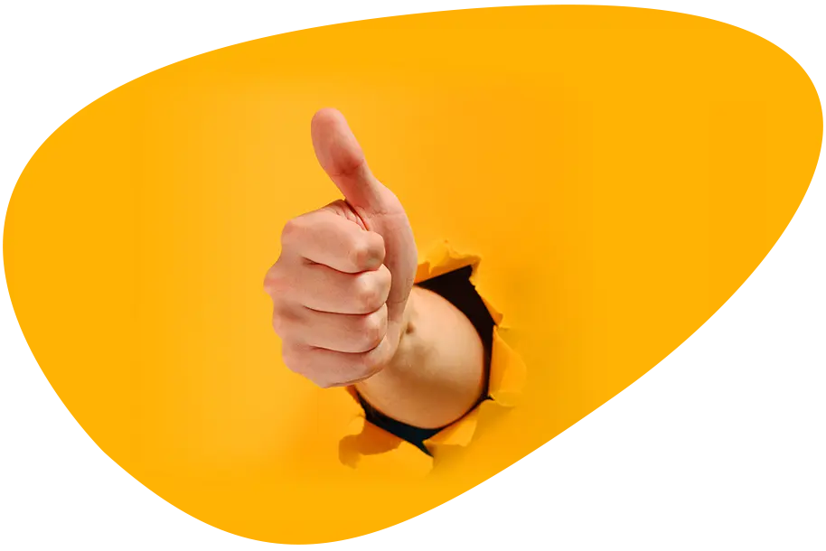 Zu sehen ist eine Hand, die durch eine Wand kommt und die Geste Daumen hoch macht